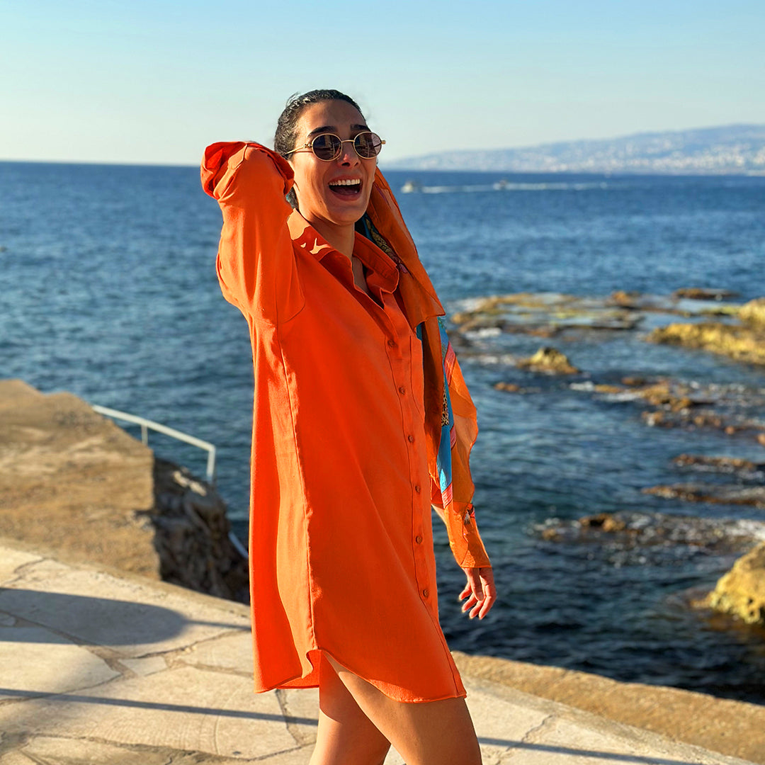 lebanon clothing slow fashion tailored white linen shirt beach dresses for women Embroidery Sustainable shorts Shirt Dress