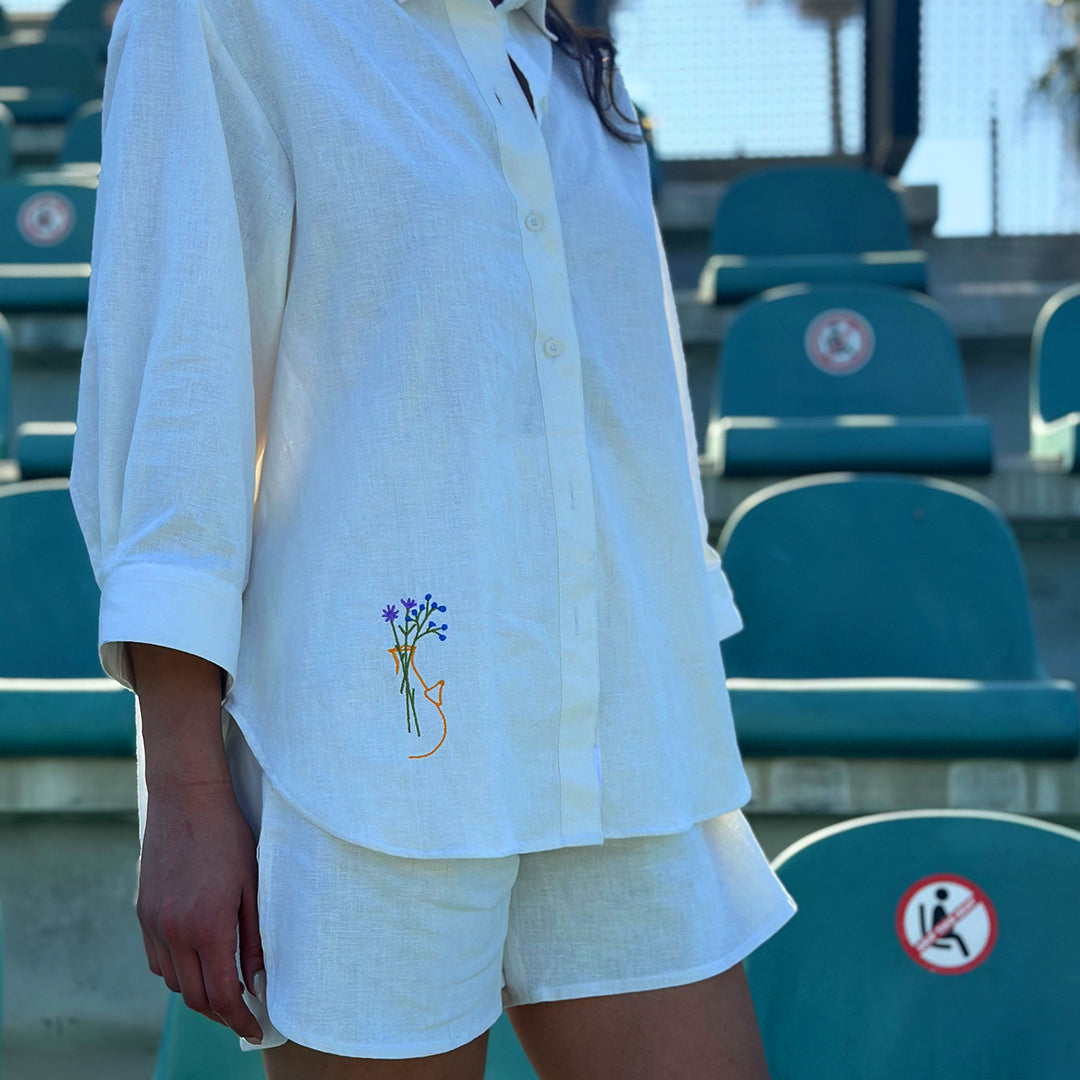 lebanon clothing slow fashion tailored white linen shirt beach dresses for women Embroidery Sustainable shorts Shirt